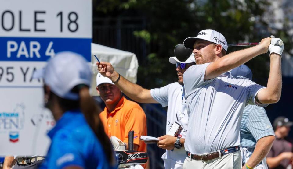 Golfer David Kocher tees on No. 18 during the Albertsons Boise Open, Sunday, Aug. 27, 2023.