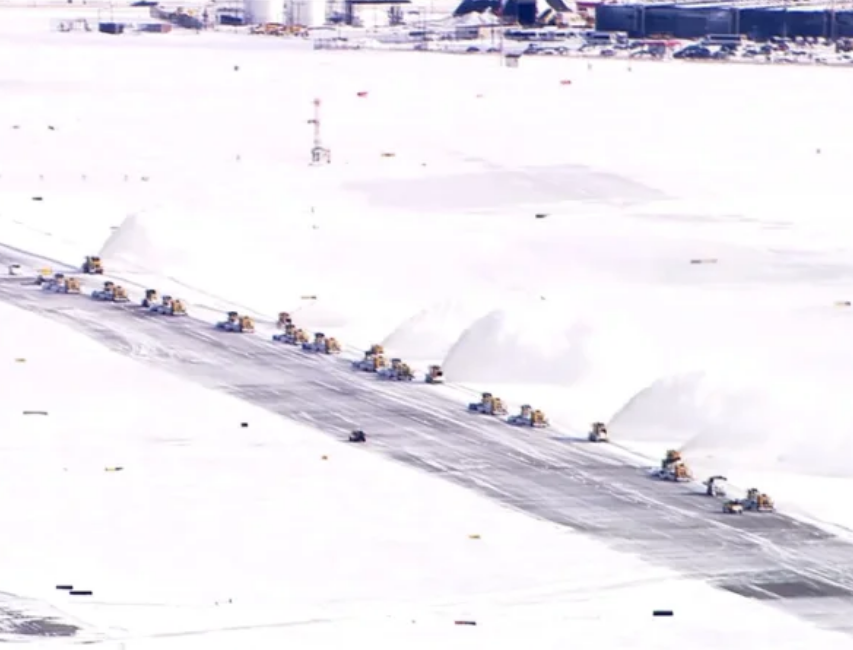 Snowplows all in a line at O’Hare Airport in Chicago