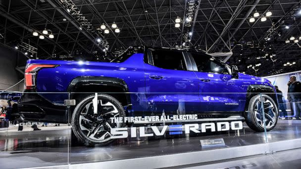 PHOTO: A Chevrolet Silverado electric truck during opening day of the 2023 New York International Auto Show (NYIAS), April 7, 2023, in New York. (Stephanie Keith/Bloomberg via Getty Images)