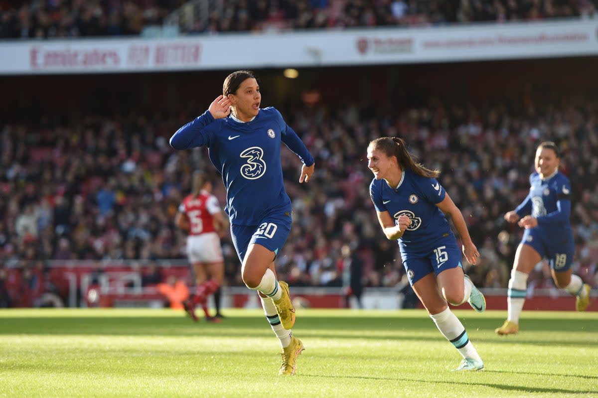 Sam Kerr celebrates after scoring a late leveller for Chelsea (Getty Images)