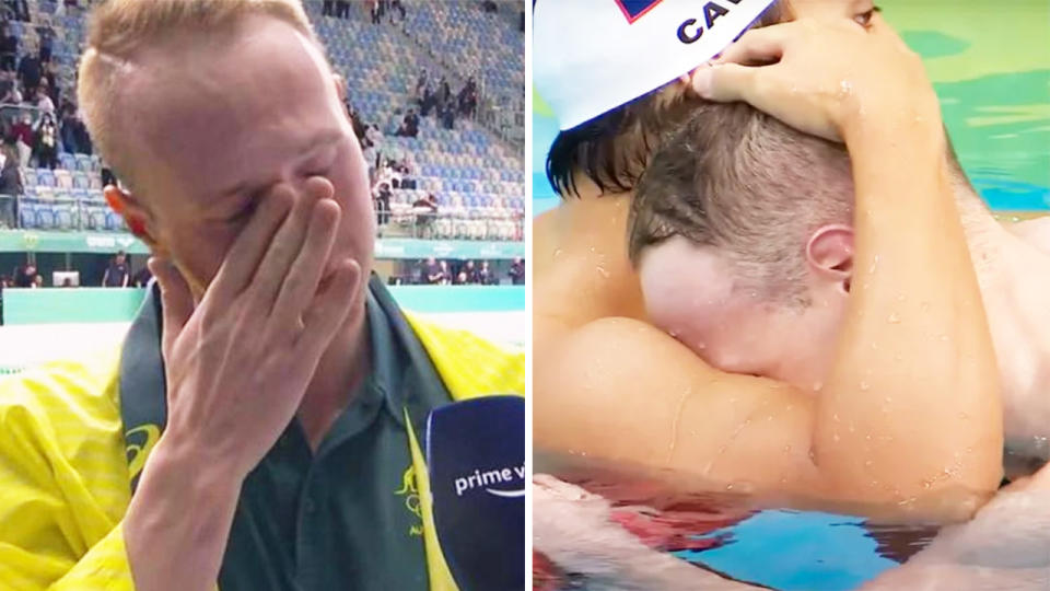 Matt Wilson (pictured left) crying during an interview and (pictured right) after his swimming race.