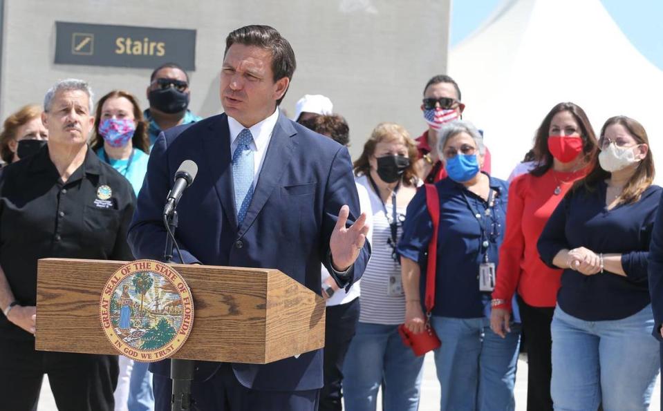 Florida Ron DeSantis announces a lawsuit against the CDC to try to get cruising restarted in a press conference at PortMiami on Thursday, April 8, 2021.