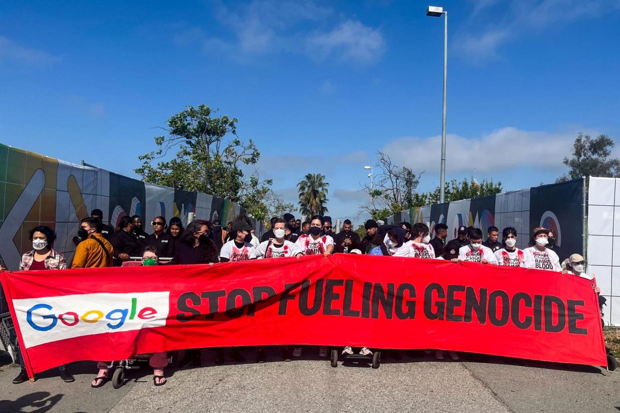 <span>Pro-Palestinian protesters rally outside the Google I/O conference in Mountain View, California, on 14 May 2024.</span><span>Photograph: Kari Paul/The Guardian</span>