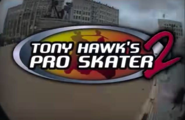 Opening image of Tony Hawk's Pro Skater 2, featuring a backdrop of a city skate park