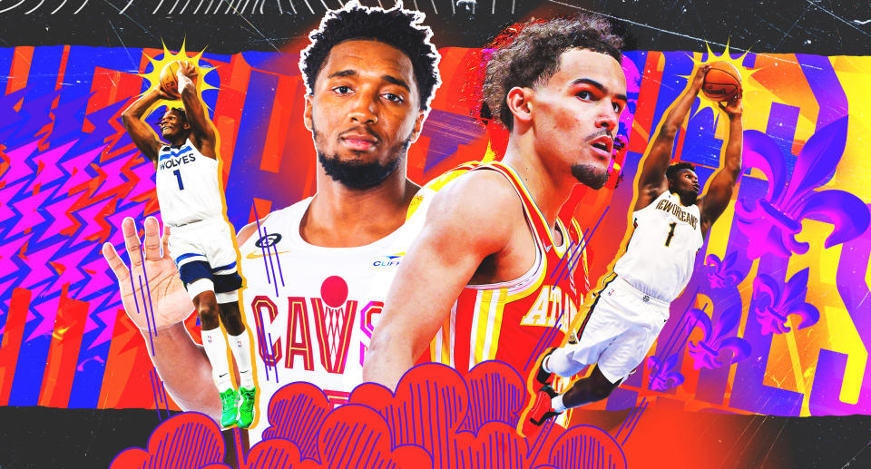 From left, the Timberwolves' Anthony Edwards, Cavaliers' Donovan Mitchell, Hawks' Trae Young and Pelicans' Zion Williamson. (Graphic by Erick Parra Monroy/Yahoo Sports)