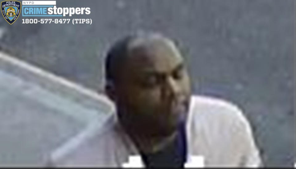 This image taken from surveillance video provided by the New York City Police Department shows a person of interest in connection with an assault of an Asian American woman, Monday, March 29, 2021, in New York. The NYPD is asking for the public's assistance in identifying the man. (Courtesy of New York Police Department via AP)