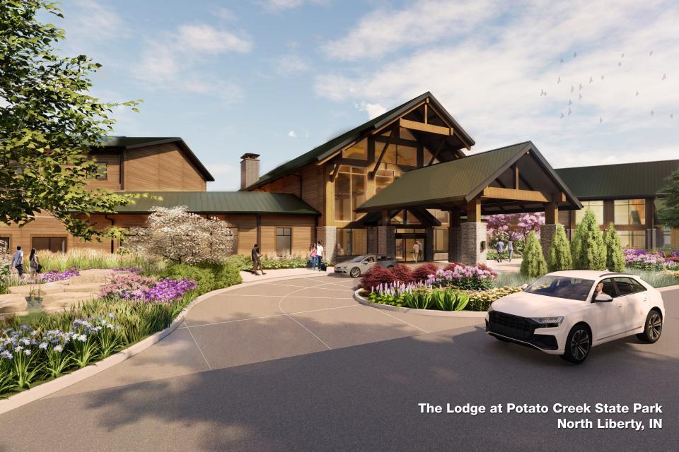 This illustration shows the main entrance to the future inn at Potato Creek State Park in North Liberty.