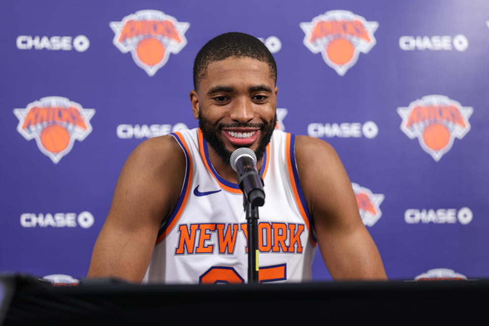 TARRYTOWN, NEW YORK - SEPTEMBER 30: Mikal Bridges #25 of the New York Knicks speaks at a press conference during media day at Knicks Training Facility on September 30, 2024 in Tarrytown, New York. NOTE TO USER: User expressly acknowledges and agrees that, by downloading and/or using this Photograph, user is consenting to the terms and conditions of the Getty Images License Agreement. (Photo by Dustin Satloff/Getty Images)