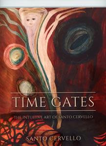 “Time Gates, The Intuitive Art of Santo Cervello.” Volume 1,2,3,4 & 5. On the front of the cover, Ariel the great lion, brings goodness and peace to the Earth. The orbs that surround Ariel, on the journey are  guides of the universe.