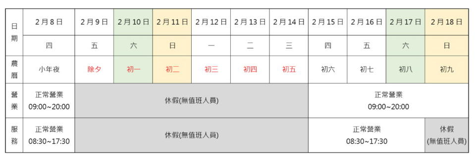 圖／MG 2024年全台展示暨服務中心春節營業時間。