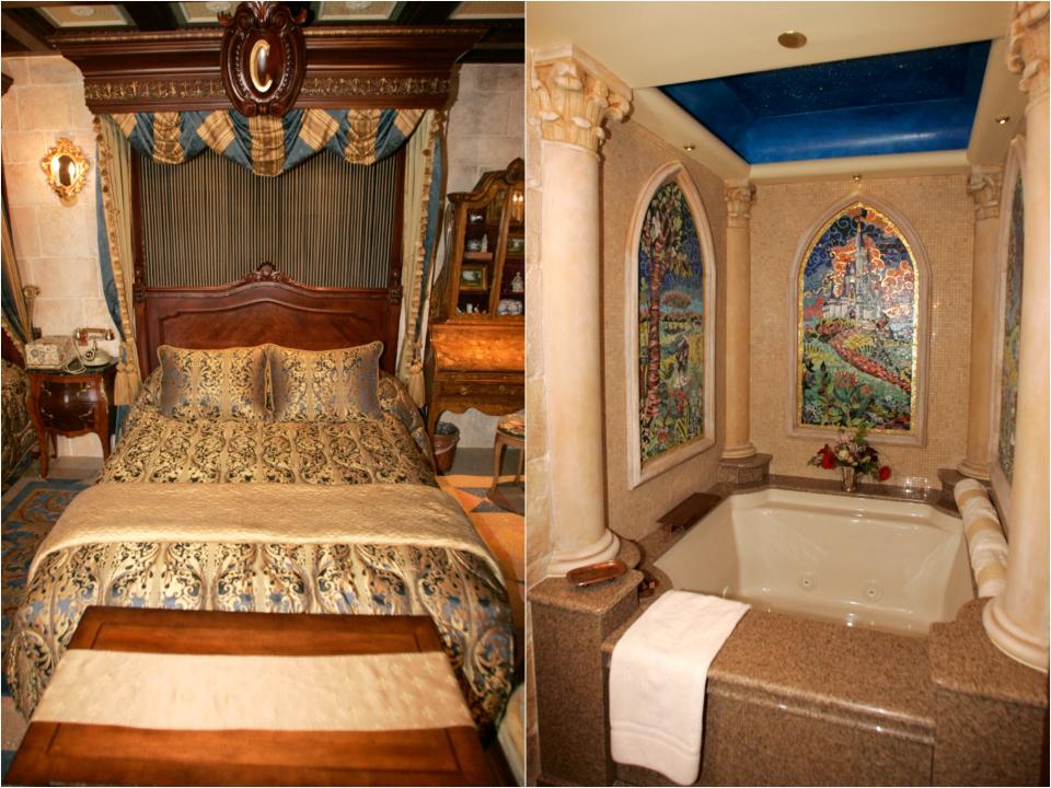 Side by side photos of an ornate bed and faux stained windows above a large bathtub.
