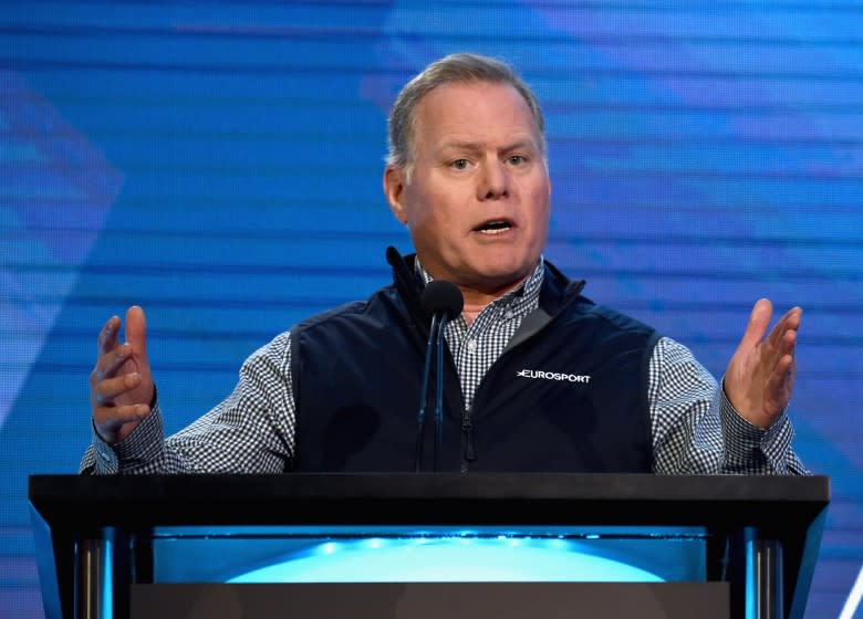 PASADENA, CA - FEBRUARY 12: President and CEO, Discovery David Zaslav speaks onstage during the Discovery, Inc. portion of the Discovery Communications Winter 2019 TCA Tour at the Langham Hotel on February 12, 2019 in Pasadena, California. (Photo by Amanda Edwards/Getty Images for Discovery)
