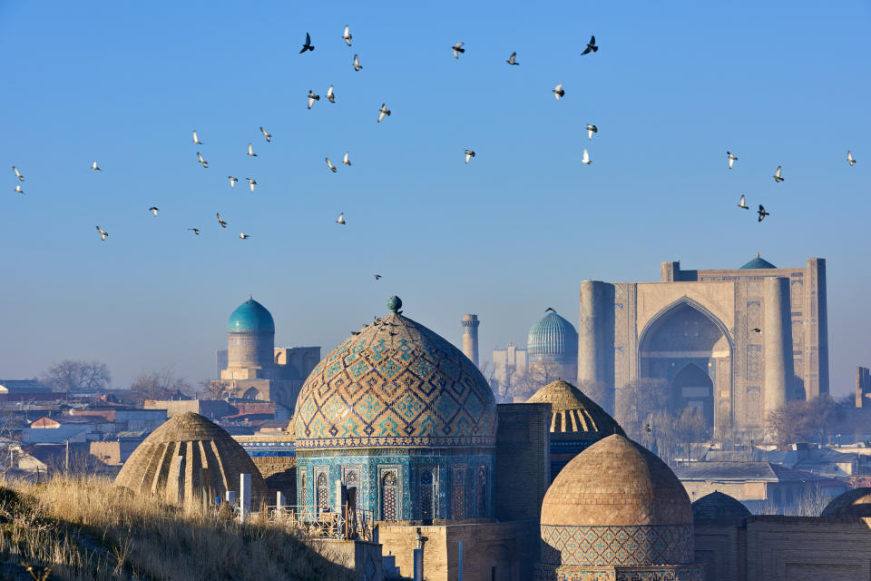 Roof of a mosque surrounded by birds