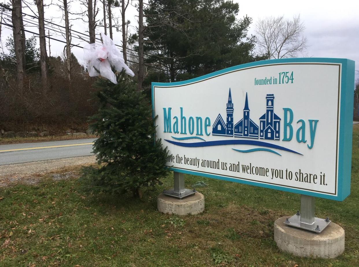 Mahone Bay's main commercial strip was closed to outside traffic on April 30 and May 1 to accommodate a film crew shooting a Christmas movie. (Emma Smith/CBC - image credit)
