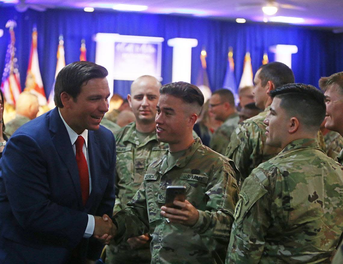 Florida Governor-elect Ron DeSantis greets soldiers after announcing a $150.000 donation to Operation 300, which hosts adventure camps for children who have lost their fathers in combat. The ceremony, ‘A Call to Action,’ honored members of the military and first responders, Jan. 7, 2019, in Tallahassee