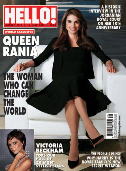 <p>It’s not the only magazine she’s covered, but it’s one of our favourites. In the June 2009 issue of <i>Hello!</i>, Queen Rania, “The Woman Who Can Change The World,” sat down for an exclusive interview. <i>(Photo: Hello!)</i></p>