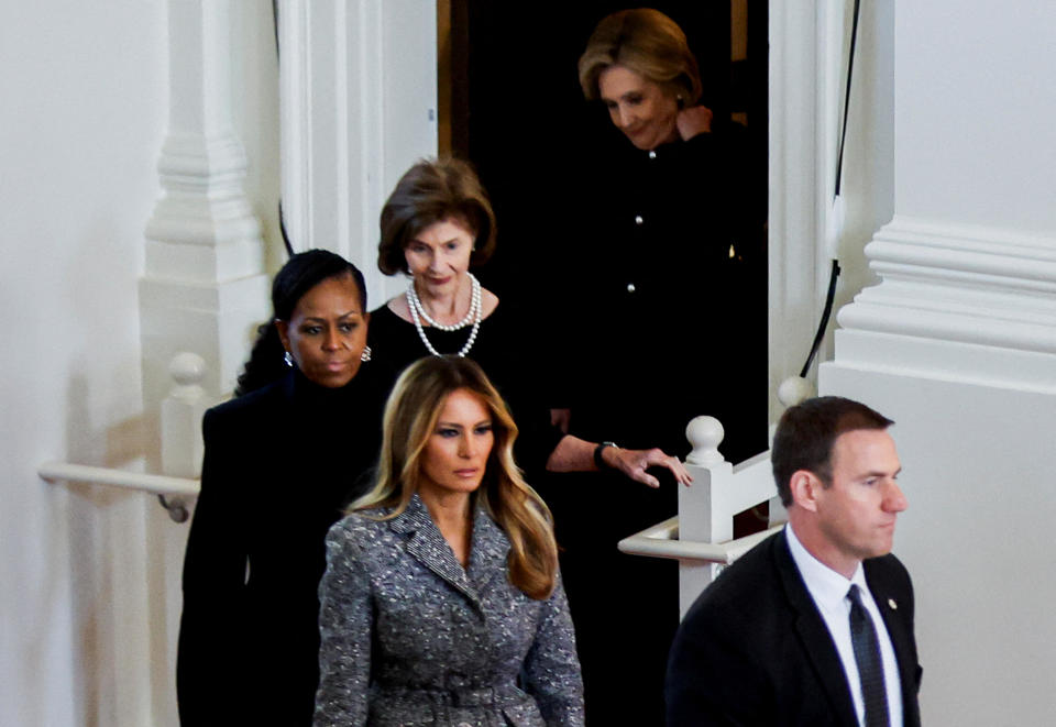 Former U.S. first ladies, from top, Hillary Clinton, Laura Bush, Michelle Obama and Melania Trump attended the tribute service for former first lady Rosalynn Carter at Glenn Memorial Church in Atlanta, Georgia, on Nov. 28. / Credit: EVELYN HOCKSTEIN / REUTERS