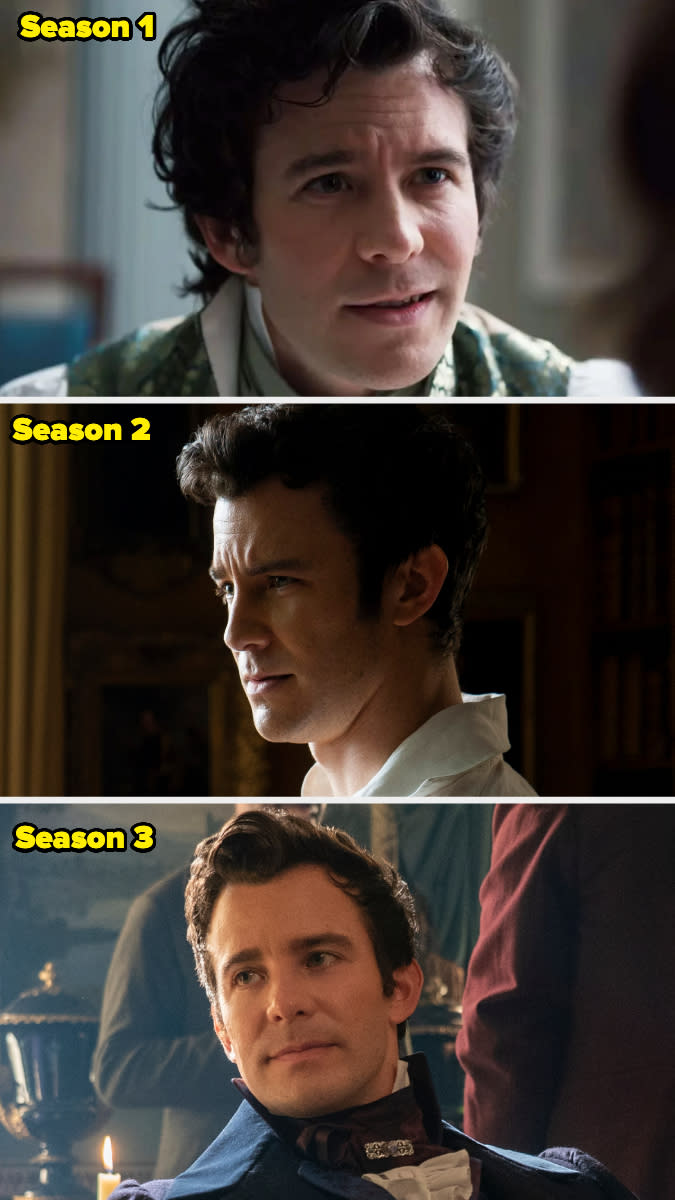 Luke Thompson's character transitions through three different looks from Season 1 to Season 3 of "Bridgerton."