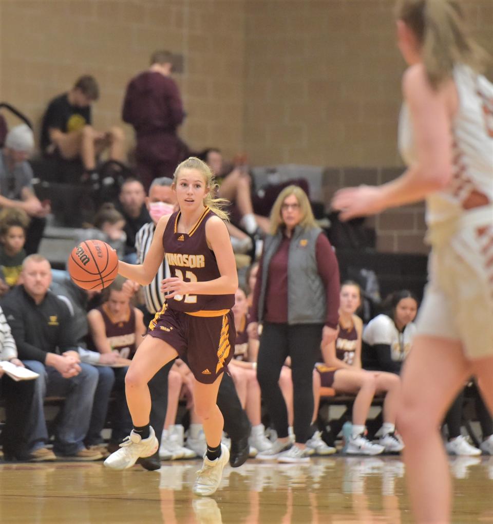 Windsor High School girls basketball player Samantha Darnell brings the ball up the floor during a game at Mead on Friday, Jan. 28, 2022, in Longmont, Colo.