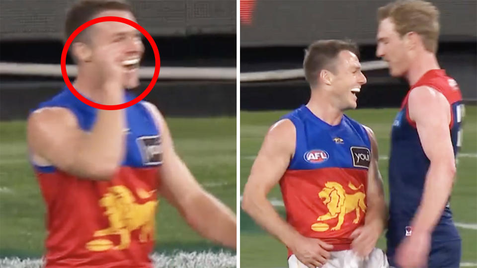 Two screenshots show Brisbane's Lincoln McCarthy mocking Melbourne's Harrison Petty.