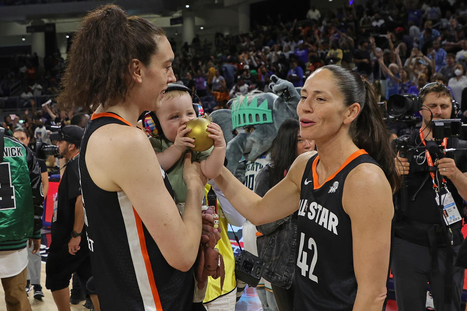 Breanna Stewart and Sue Bird of Team Stewart speak following the 2022 AT&T WNBA All-Star Game at the Wintrust Arena on July 10, 2022 in Chicago, Illinois.