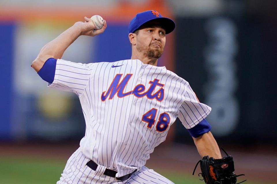 New York Mets starting pitcher Jacob deGrom (48) throws in the first inning of a baseball game against the Philadelphia Phillies, Saturday, Aug. 13, 2022, in New York. (AP Photo/John Minchillo)