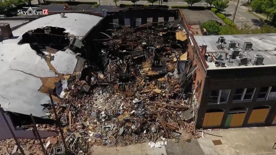 Drone photo of downtown Durham explosion aftermath in 2019 (Sister station CBS 17 Sky Eye)