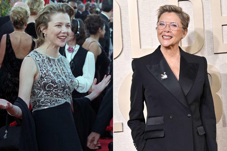 <p>Peter Jordan - PA Images/PA Images via Getty, Axelle/Bauer-Griffin/FilmMagic</p> Annette Bening at the 1999 Oscars (L) and the 81st Annual Golden Globe Awards (R)