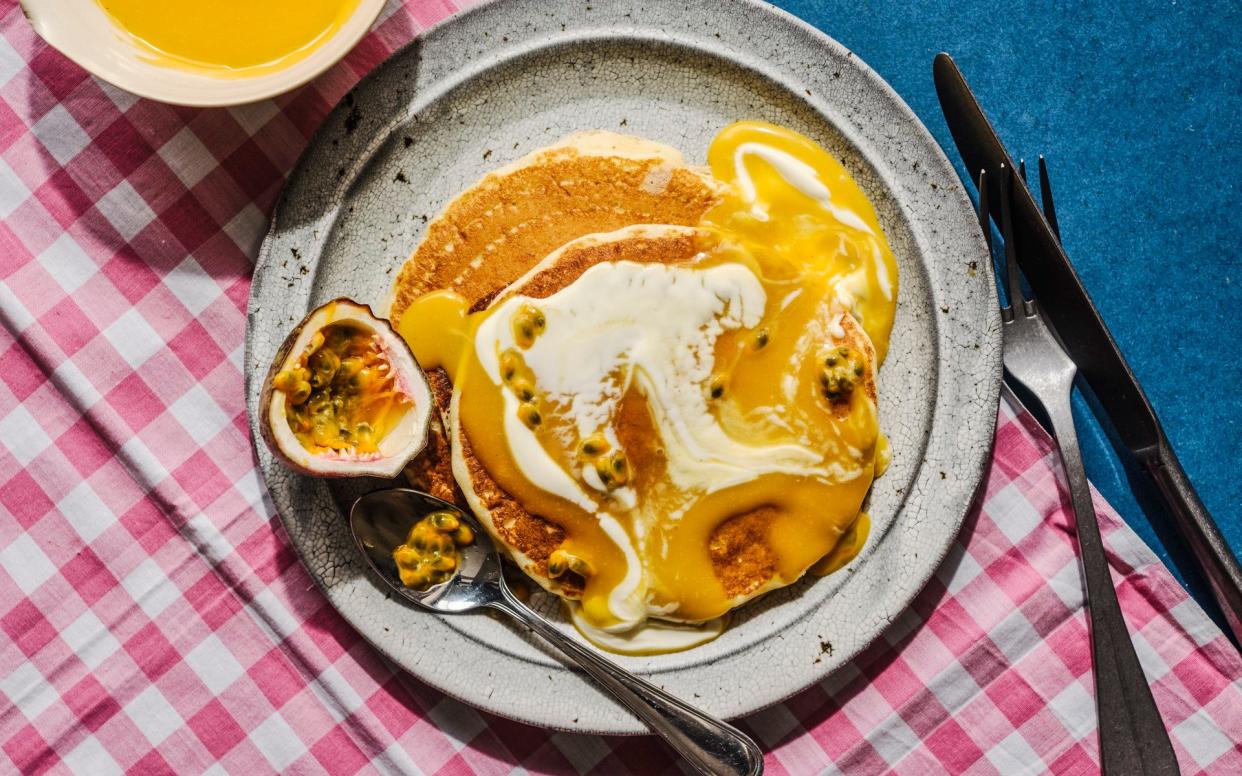 Buttermilk pancakes with passion-fruit curd