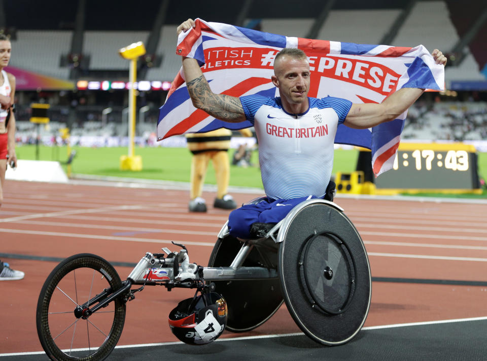 Athletics – IAAF World ParaAthletics Championships – London, Britain – July 20, 2017 Richard Chiassaro of Great Britain after winning bronze in the men’s 400 metre T54 REUTERS/Henry Browne