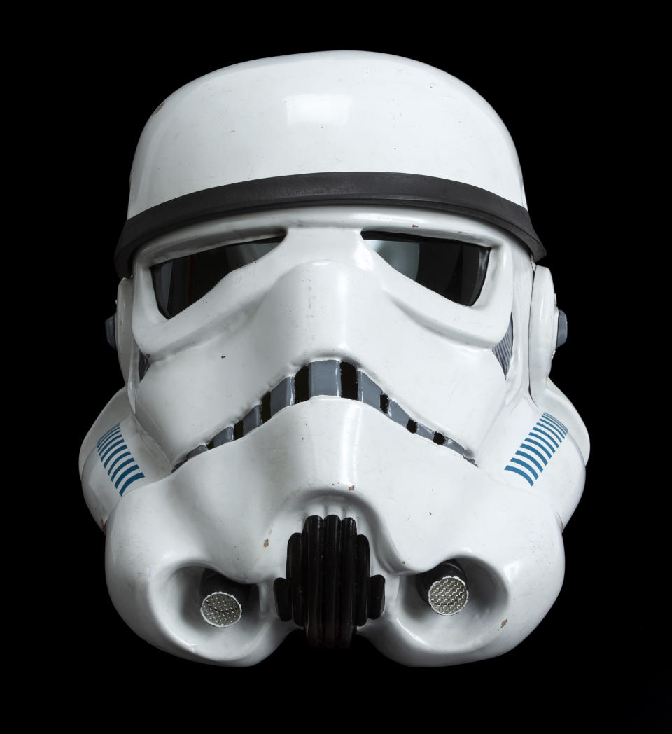This image released by Julien's Auctions shows an original Stormtrooper helmet used in the 1977 film "Star Wars: A New Hope." The items is one of many pieces of Hollywood memorabilia up for action July 15 through July 17 at Julien’s Auctions. (Julien's Auctions via AP)