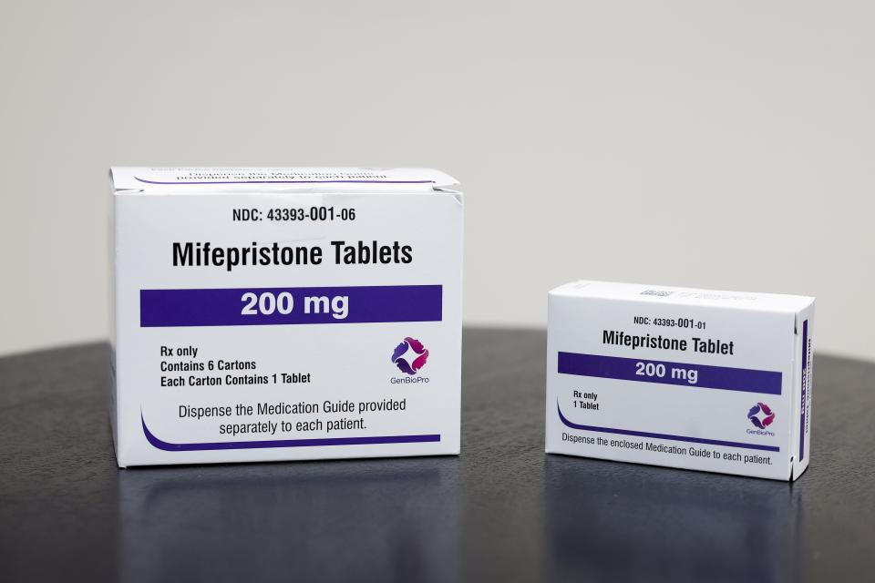 ROCKVILLE, MARYLAND - In this photo illustration,  packages of Mifepristone tablets are displayed at a family planning clinic on April 13, 2023 in Rockville, Maryland.