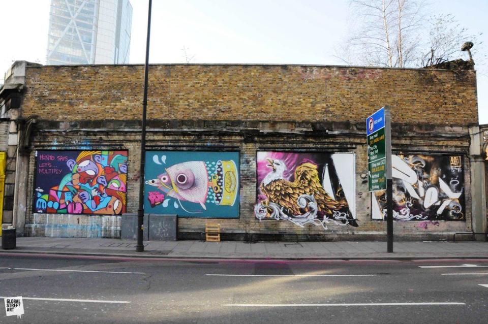 A mural on the Shoreditch Art Wall by Hunto, Zadok & Riot. (Shoreditch Art Wall )