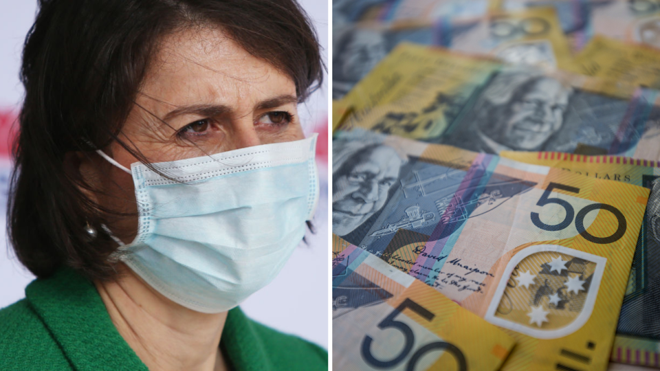 NSW Premier Gladys Berejiklian wearing a face mask, Australian $50 notes. 