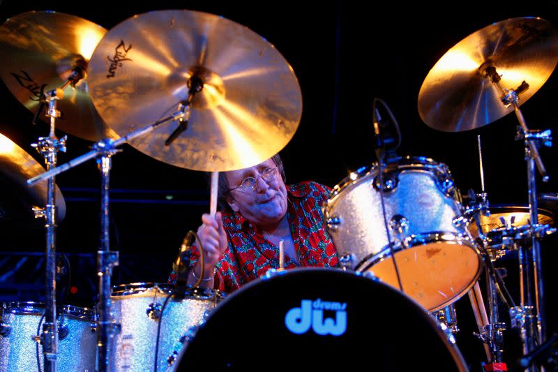 FILE PHOTO: British drummer Mitch Mitchell performs during a tribute concert to U.S. guitarist Hendrix at the Hippodrome in London