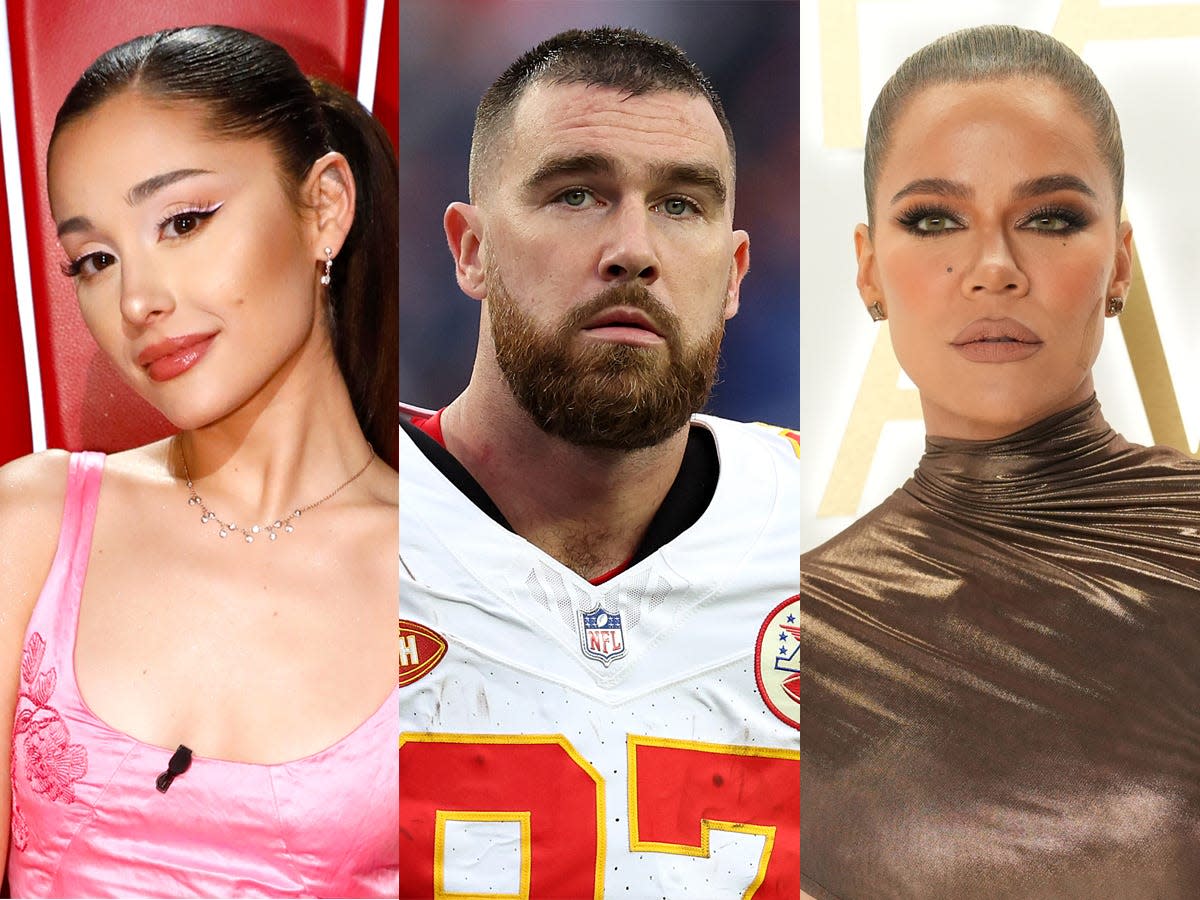 From left: Ariana Grande, Travis Kelce, and Khloé Kardashian.