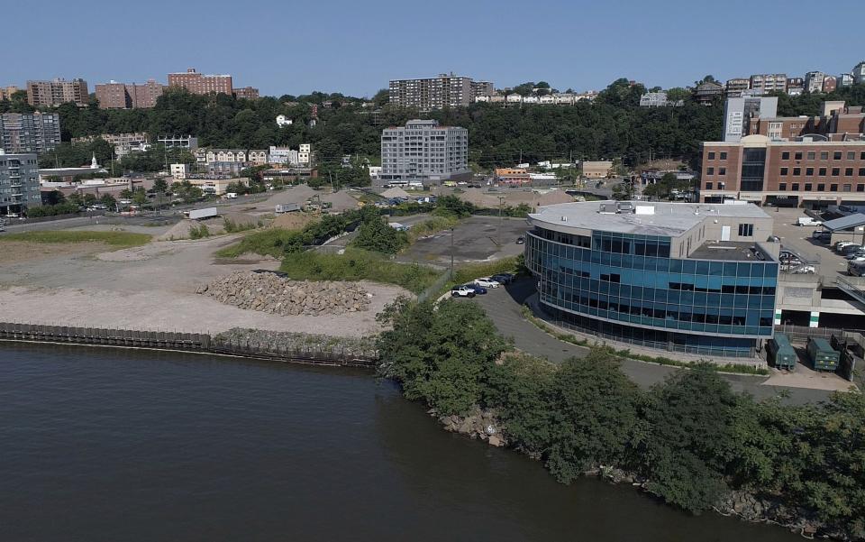 Drone image of the office building at 125 River Road alongside the Quanta Superfund site in Edgewater on Tuesday, August 1, 2023.