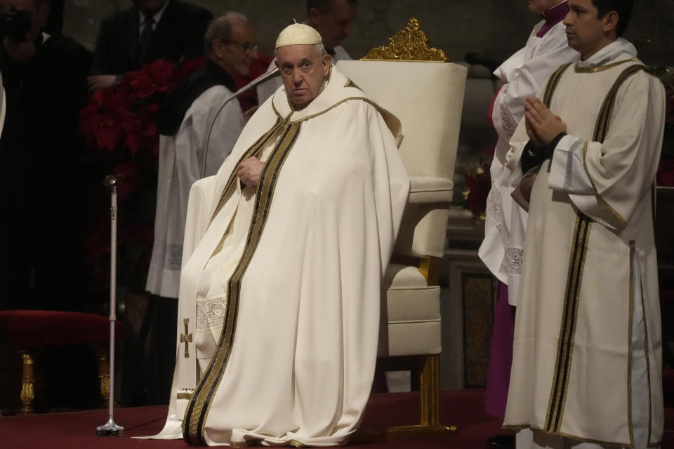 Pope Francis presides over Christmas Eve Mass, at St. Peter's Basilica at the Vatican, Saturday Dec. 24, 2022. (AP Photo/Gregorio Borgia)