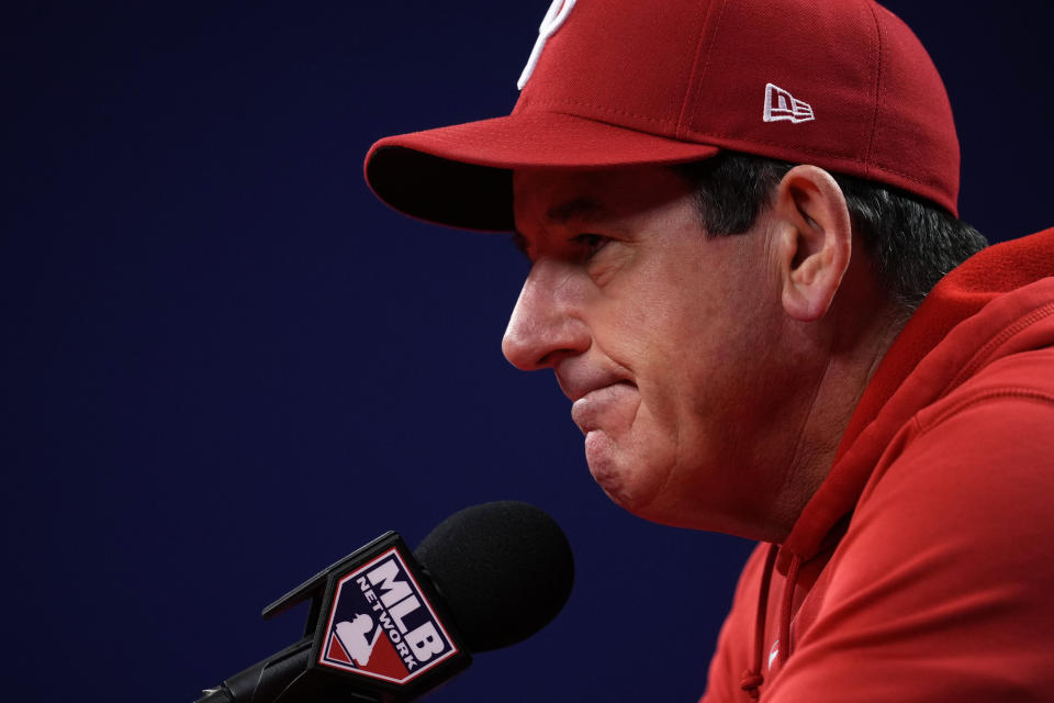 Philadelphia Phillies' Rob Thomson smiles during a news conference before the baseball NL Championship Series against the Arizona Diamondbacks, Sunday, Oct. 15, 2023, in Philadelphia. The Phillies host Game 1 on Monday, Oct. 16. (AP Photo/Matt Slocum)