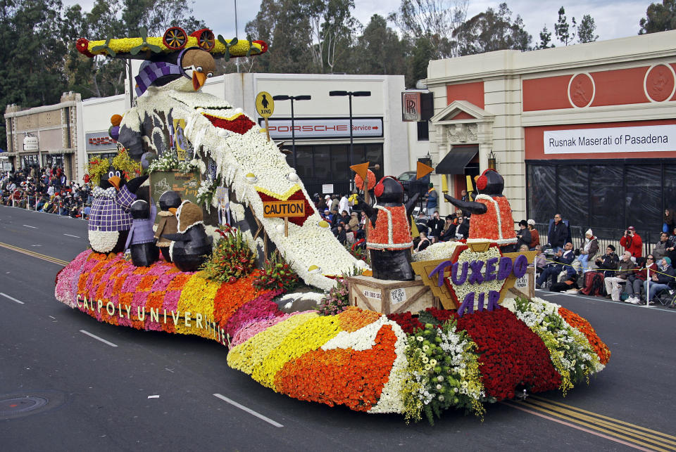 The California Polytechnic Universities' float, "Tuxedo Air," is the winner of the Bob Hope trophy for the most comical and amusing entry, in the 124th Rose Parade in Pasadena, Calif., Tuesday, Jan. 1, 2013. (AP Photo/Reed Saxon)