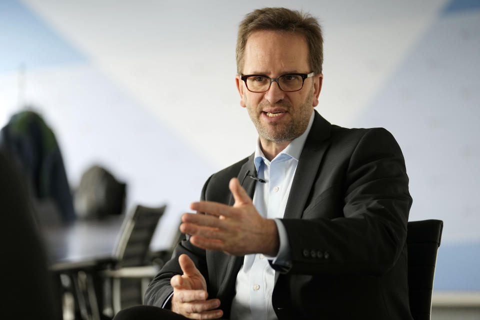 Germany's chief utility regulator, Klaus Mueller speaks during an interview with The Associated Press at the Federal Network Agency in Bonn, Germany, Wednesday, Feb. 22, 2023. Germany's natural gas reserves are abundant, and prices are down. But the country's top utility regulator, Klaus Mueller, says it's too soon to sound the all clear on an energy crisis spawned by the war in Ukraine, which laid bare Europe's dependence on Russian natural gas. (AP Photo/Martin Meissner)