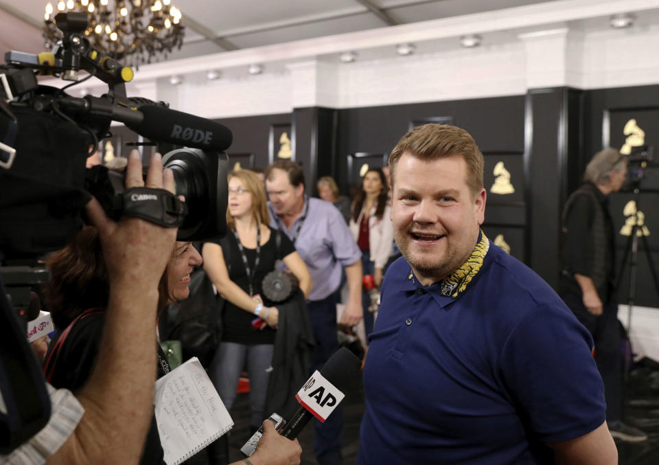 Host James Corden answers questions from the media after rolling out the red carpet for the 59th Annual Grammy Awards on Thursday, Feb. 9, 2017 in Los Angeles. The Grammy Awards will take place on Sunday, Feb. 12. (Photo by Matt Sayles/Invision/AP)