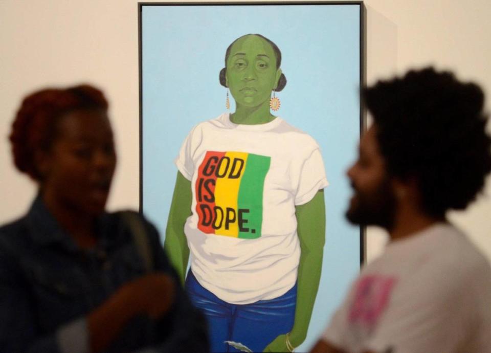 Clarence Heyward’s “God is Dope” is in the Gantt Center’s second biennial, a show curated by local artist Carla Aaron-Lopez.