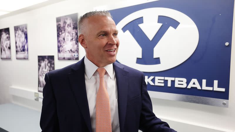 BYU President Shane Reese talks with media after being announced as university’s new president at the Marriott Center in Provo on Tuesday, March 21, 2023.