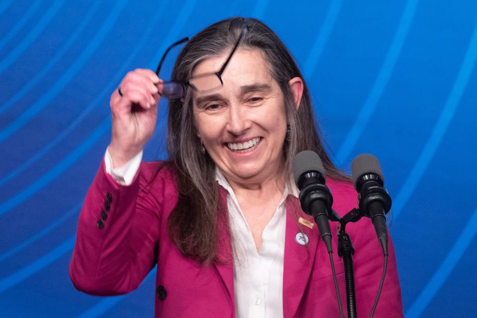 Director of Lawrence Livermore National Laboratory Kim Budil speaks during the announcement of a major scientific breakthrough in fusion energy (EPA)