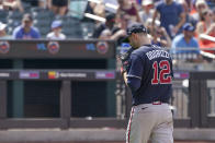 Atlanta Braves pitcher Jake Odorizzi leaves the field after being removed in the fifth inning of game one of a double header baseball game Atlanta Braves, Saturday, Aug. 6, 2022, in New York. (AP Photo/Mary Altaffer)