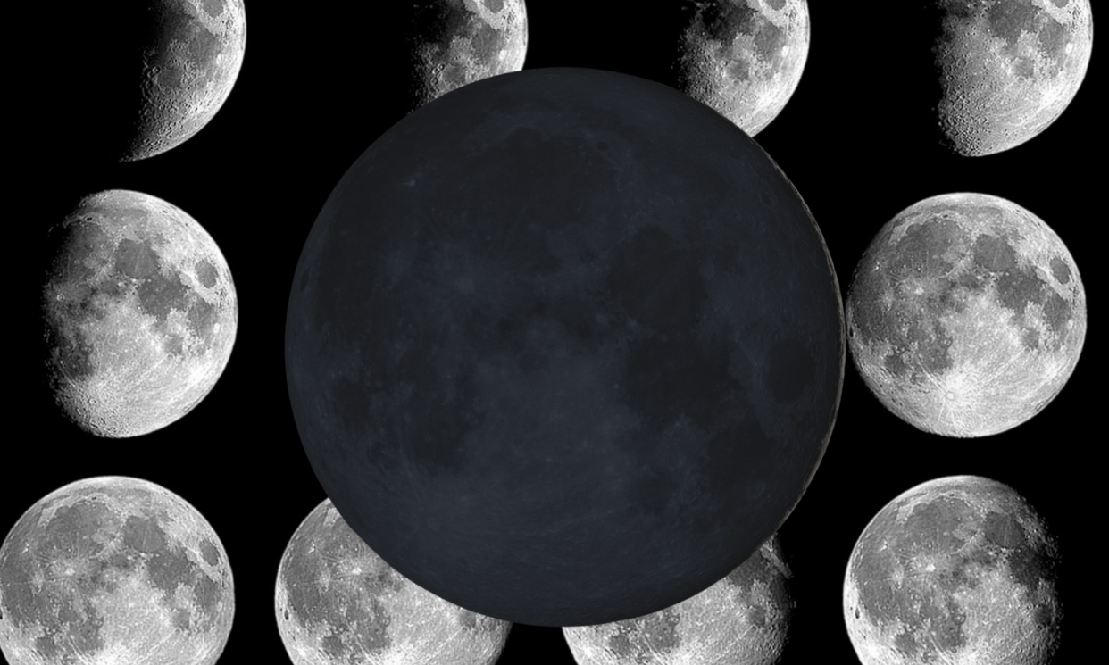  An illustration of the completely dark new moon against a backdrop of the moon during its lunar cycle. 