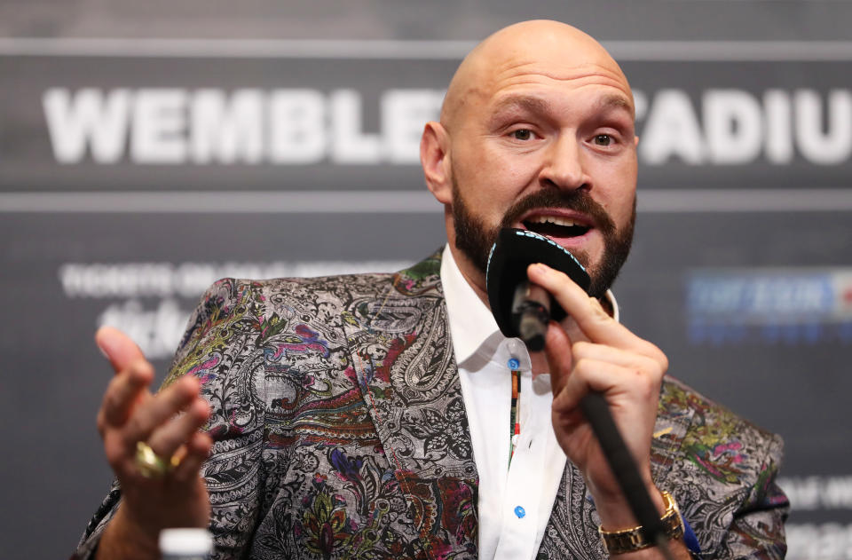 LONDON, ENGLAND - MARCH 01: Tyson Fury looks on during the 
Tyson Fury v Dillian Whyte press conference at Wembley Stadium on March 01, 2022 in London, England. (Photo by James Chance/Getty Images)