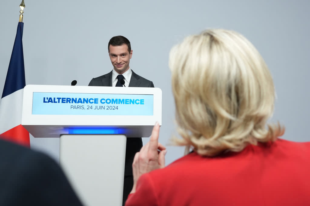 Jordan Bardella, president of National Rally, left, and Marine Le Pen, leader of National Rally, at a news conference in Paris, France, on Monday, June 24, 2024.<span class="copyright">Nathan Laine—Bloomberg/Getty Images</span>