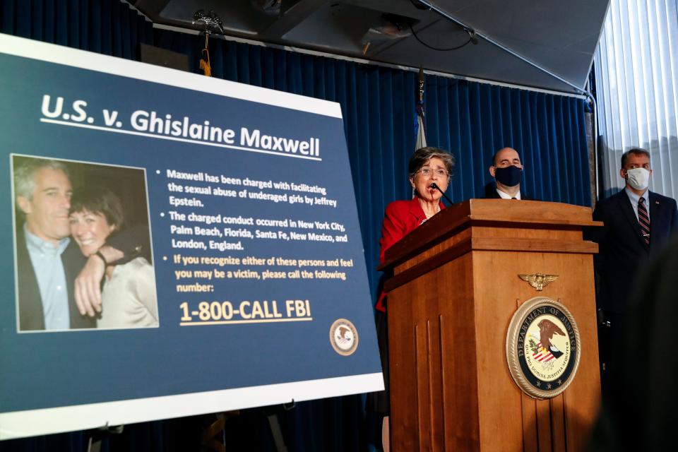 Audrey Strauss, US attorney for the Southern District of New York, speaks alongside William F. Sweeney Jr., of the New York Office of the FBI and New York City Police Commissioner Dermot Shea, right, to announce charges against Ghislaine Maxwell for her alleged role in the sexual exploitation and abuse of multiple minor girls by Jeffrey Epstein, July 2, 2020, in New York.